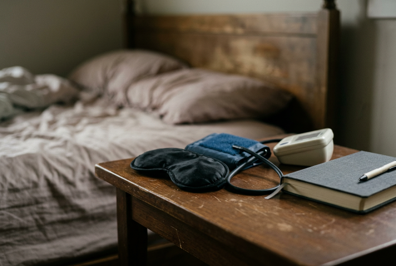 A black treatment eye mask beside a blood-pressure cuff and closed journal on a plain bedside table.