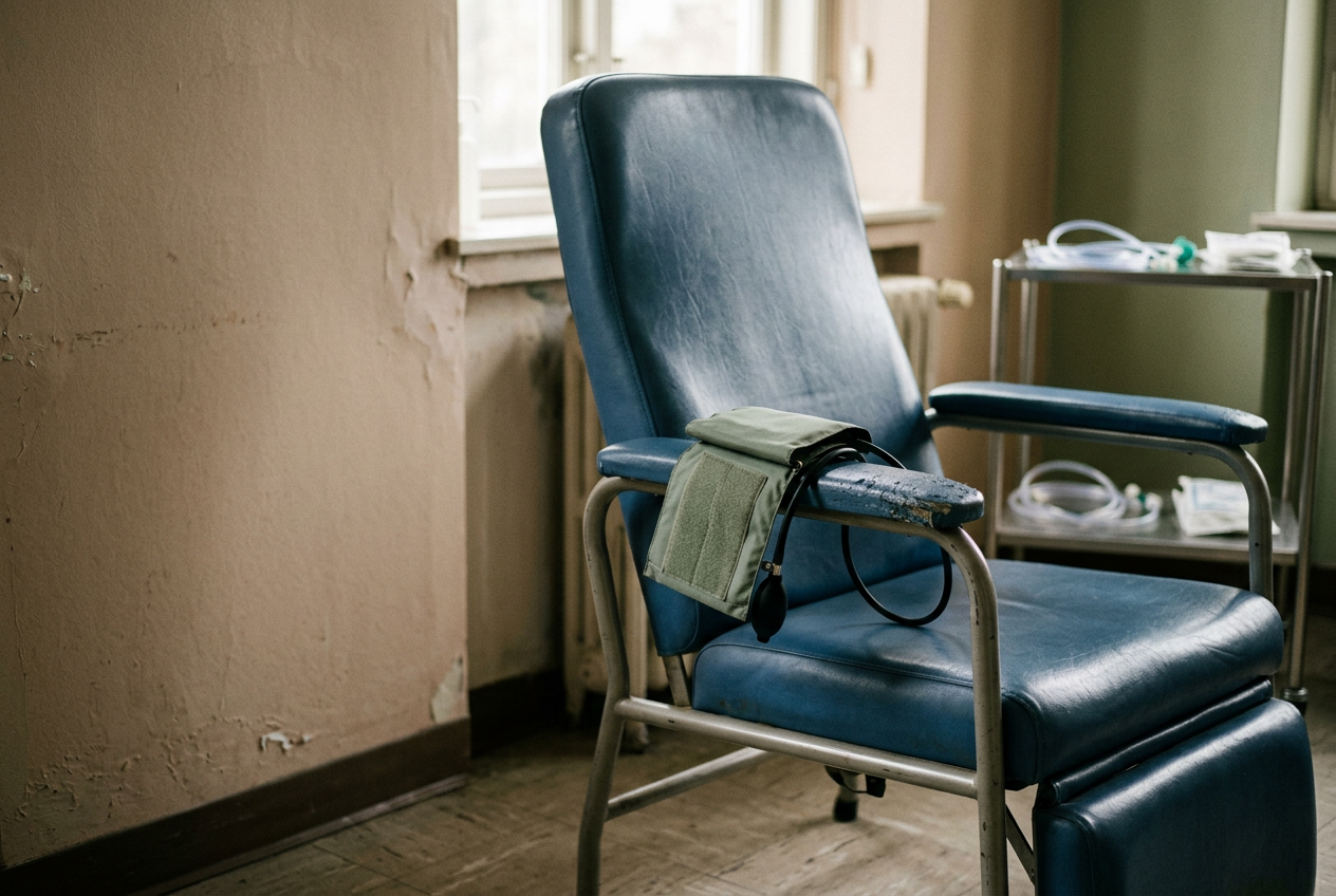 A fabric blood-pressure cuff resting on the arm of an empty ketamine infusion chair in a plain treatment room.