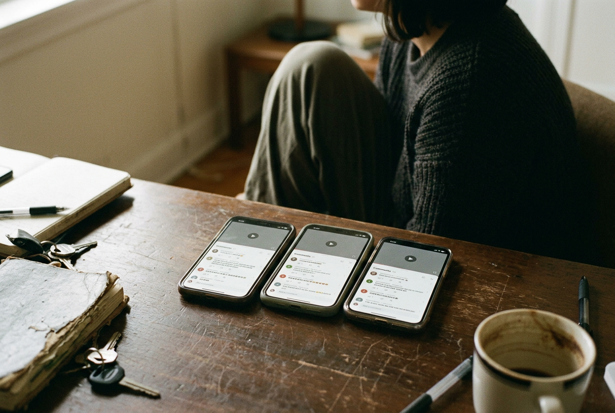 Three phones showing different views of the same filtered comment beneath a captioned gray-screen video.