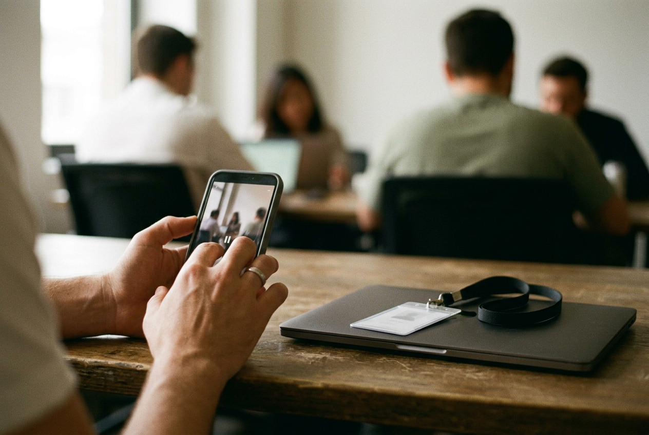 A phone showing LinkedIn vertical video beside an office badge and laptop on a plain desk.