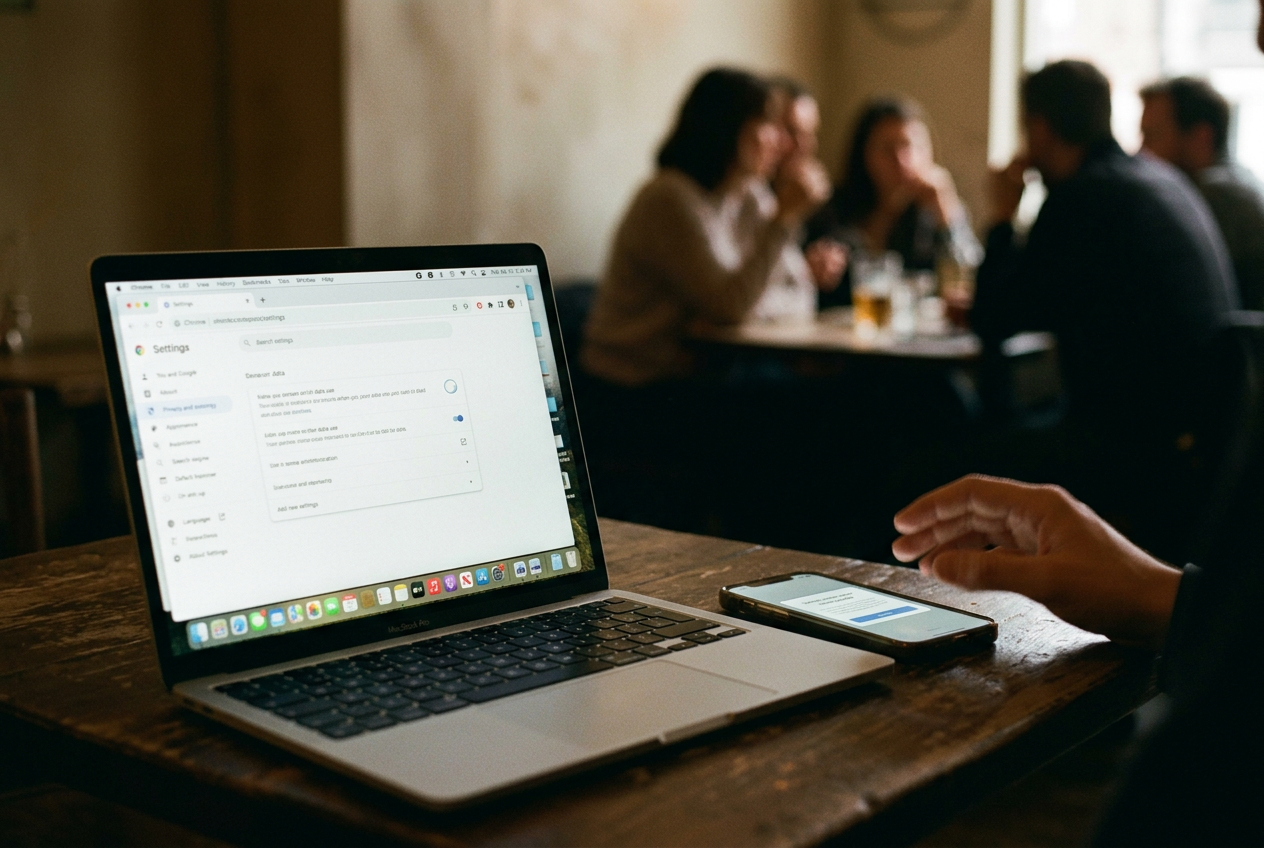 A laptop open to LinkedIn’s generative AI data setting beside a phone showing an updated terms notice.