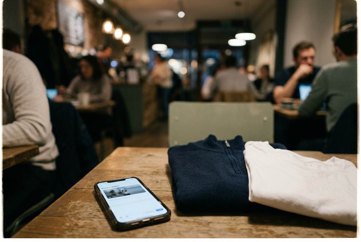 A phone showing a LinkedIn video draft beside a folded navy quarter-zip and white crew-neck shirt.