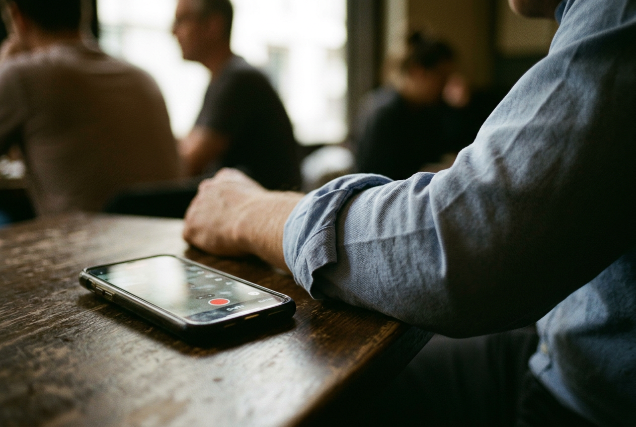 A blue cotton oxford cuff rolled once beside a phone displaying LinkedIn’s vertical video upload screen.