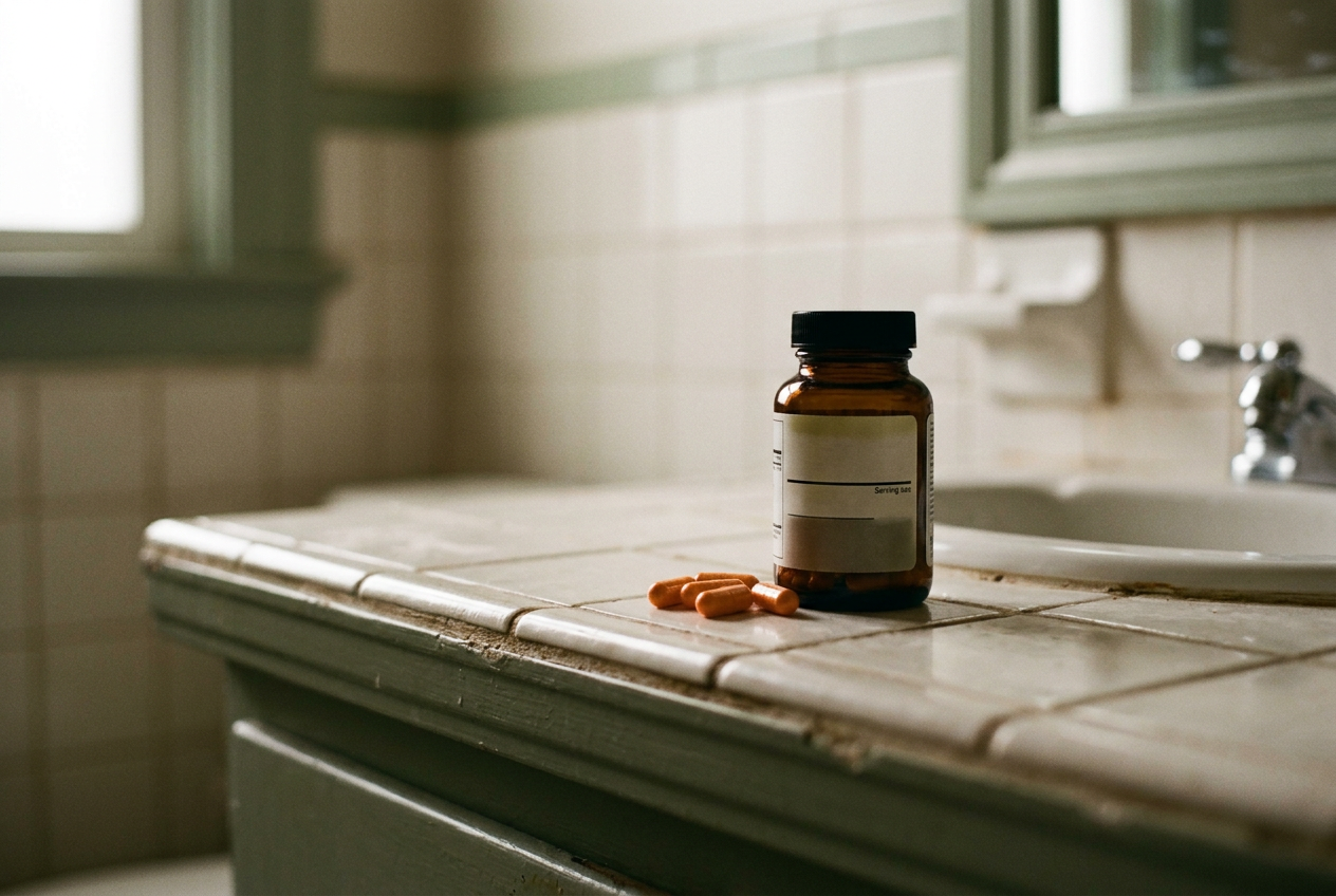 A bottle of Love Wellness Lovin’ Libido beside four capsules and its Supplement Facts panel