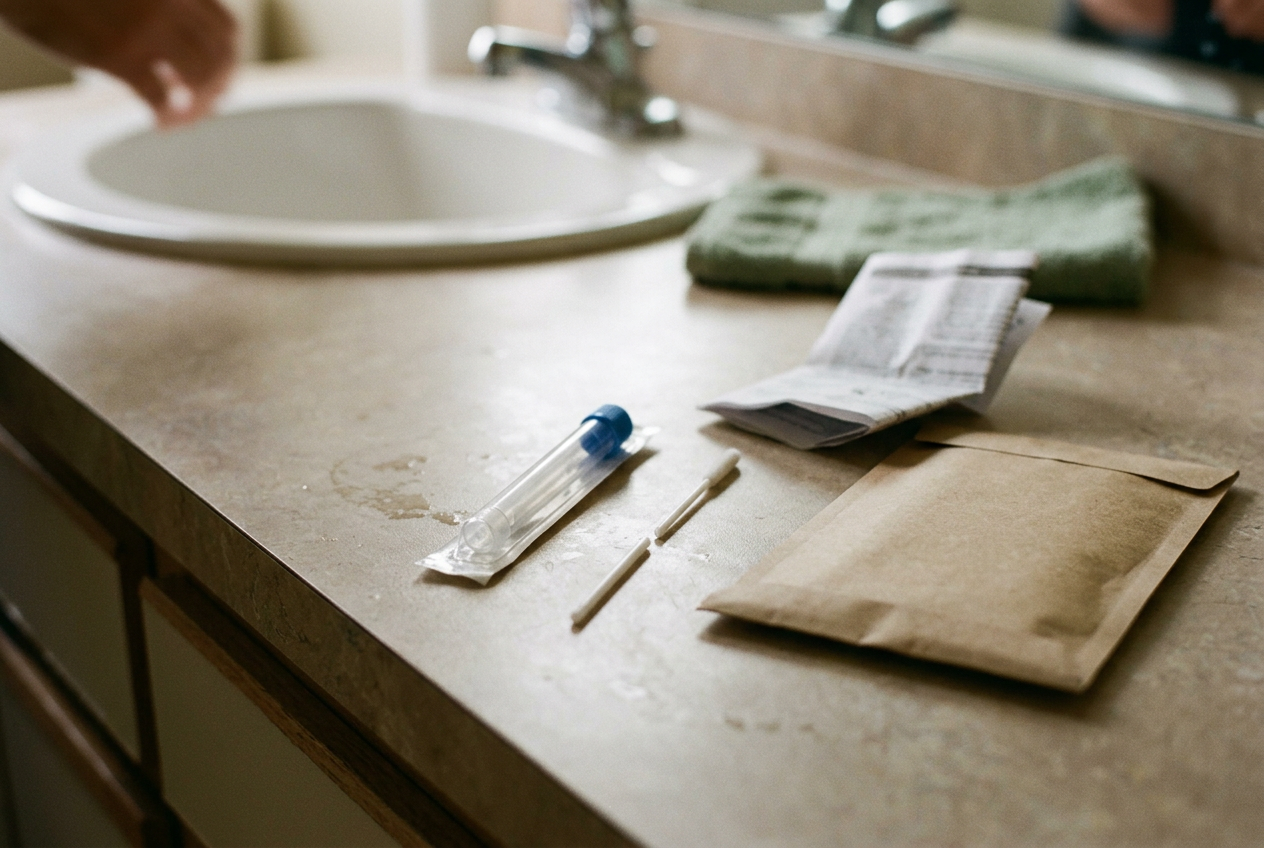 A sealed transport tube, snapped swab stem, instruction sheet, and return mailer arranged on a bathroom counter.