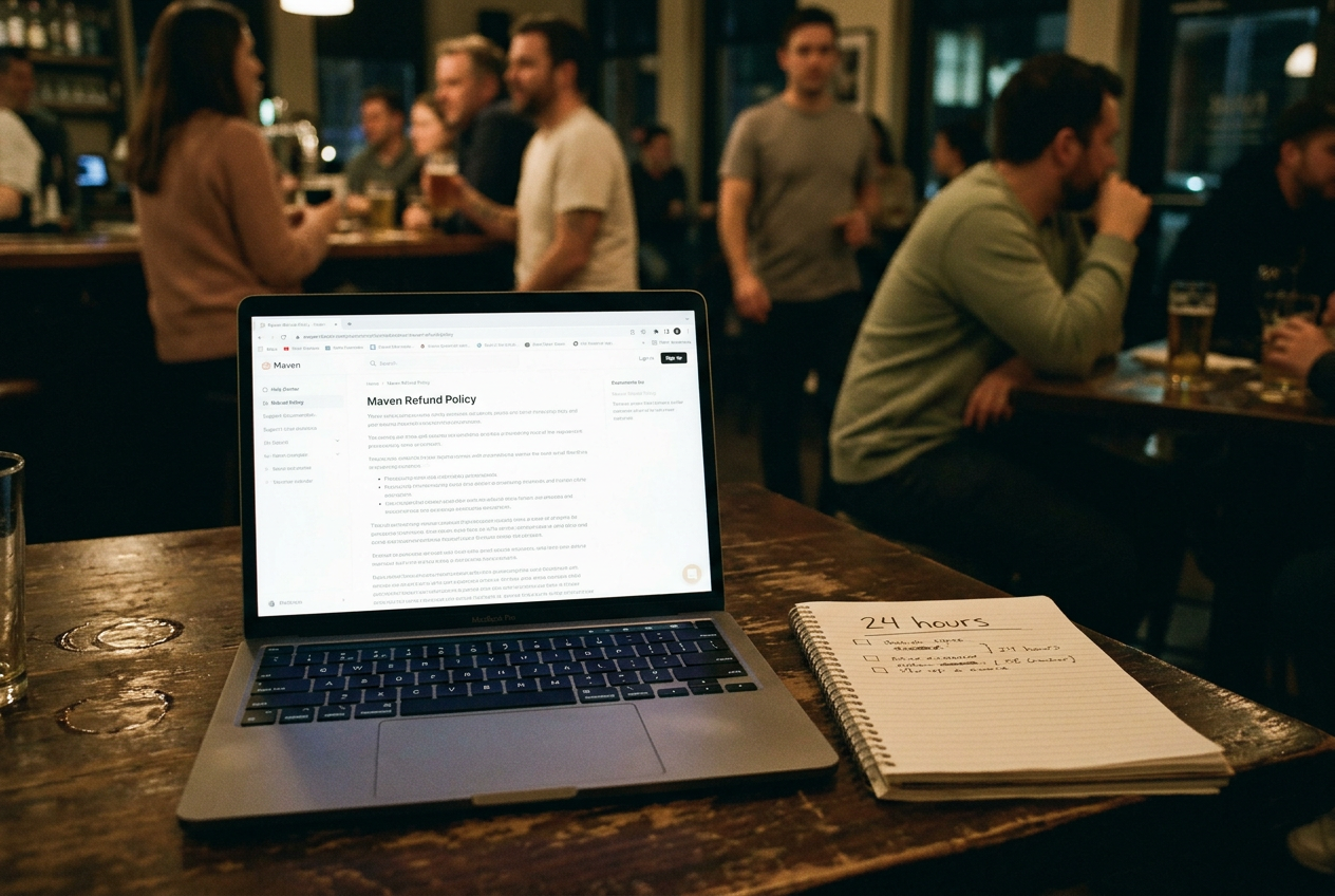 A laptop displaying creator course refund terms beside a notebook and a calendar marked with a 24-hour deadline.
