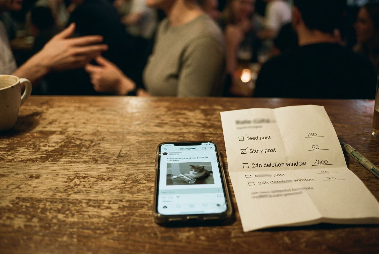 A phone displaying a sponsored meme post beside a printed social media rate card and handwritten publication window.