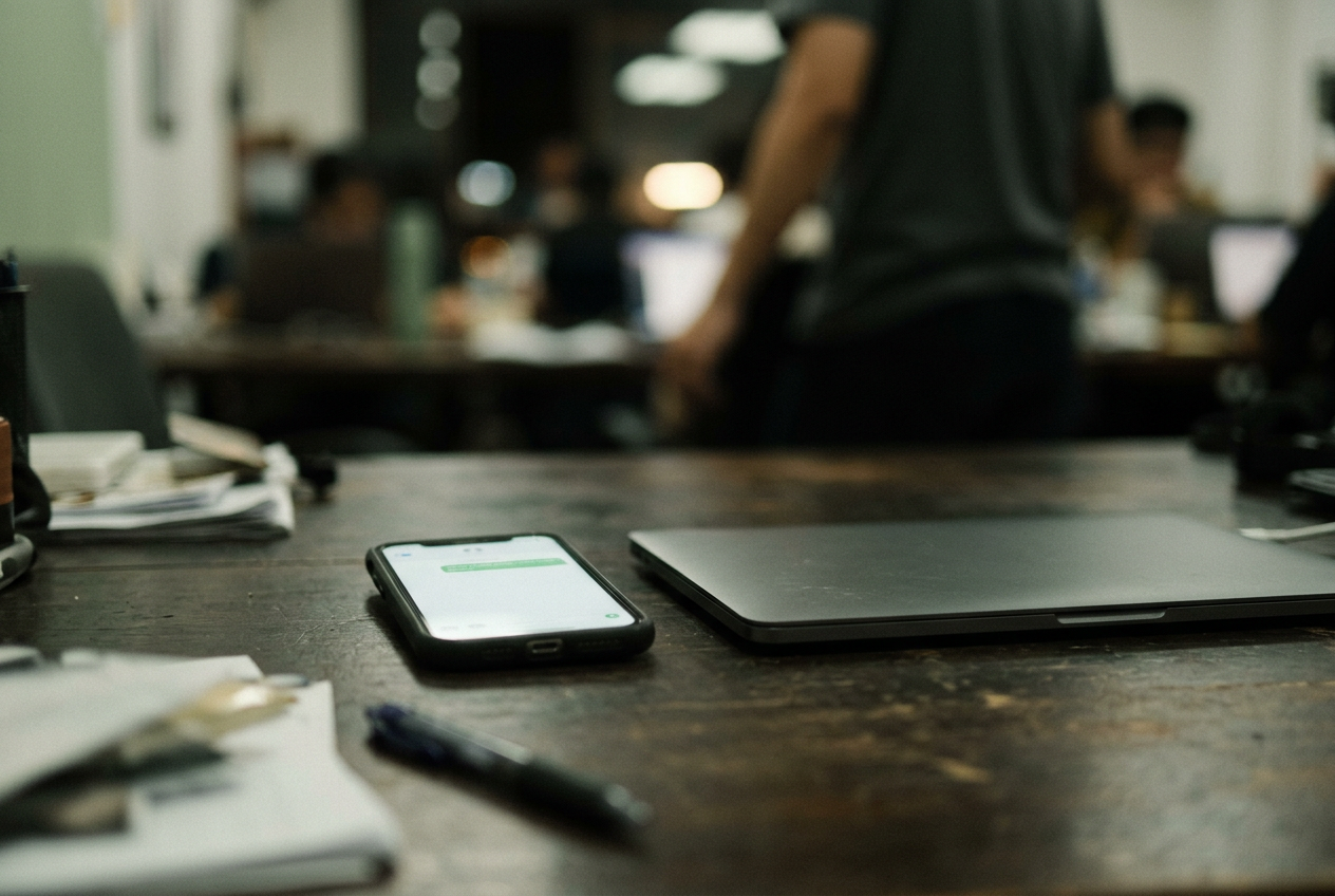 A phone showing an open therapy-app message field beside a closed laptop and an unlit desk lamp.