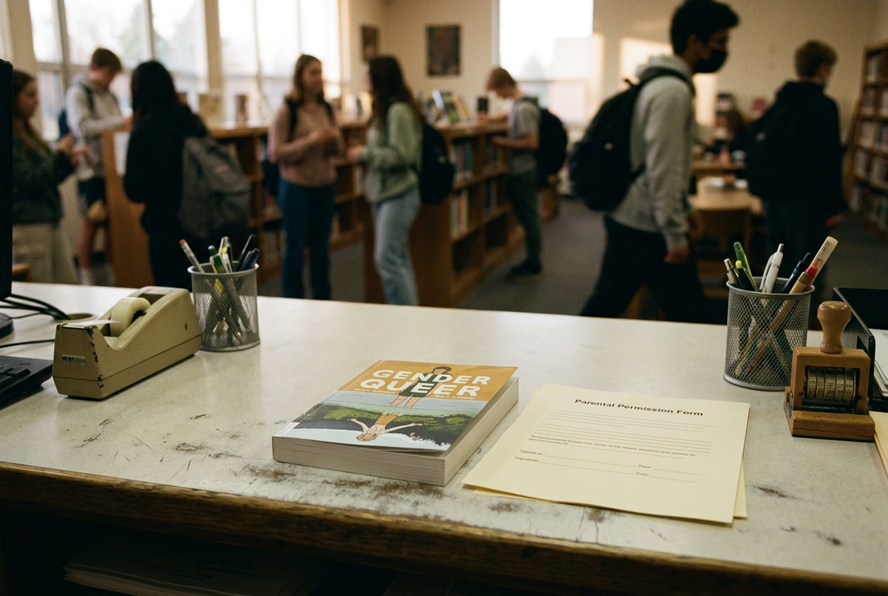 A copy of Gender Queer beside a blank parental permission form at a school library checkout desk.