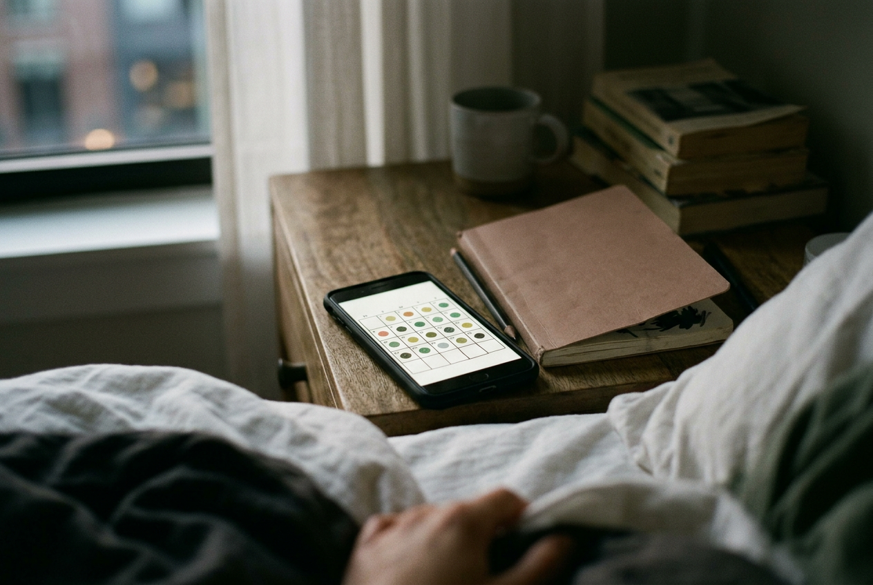 A phone showing a mood-tracking calendar with one blank day beside a paper notebook.