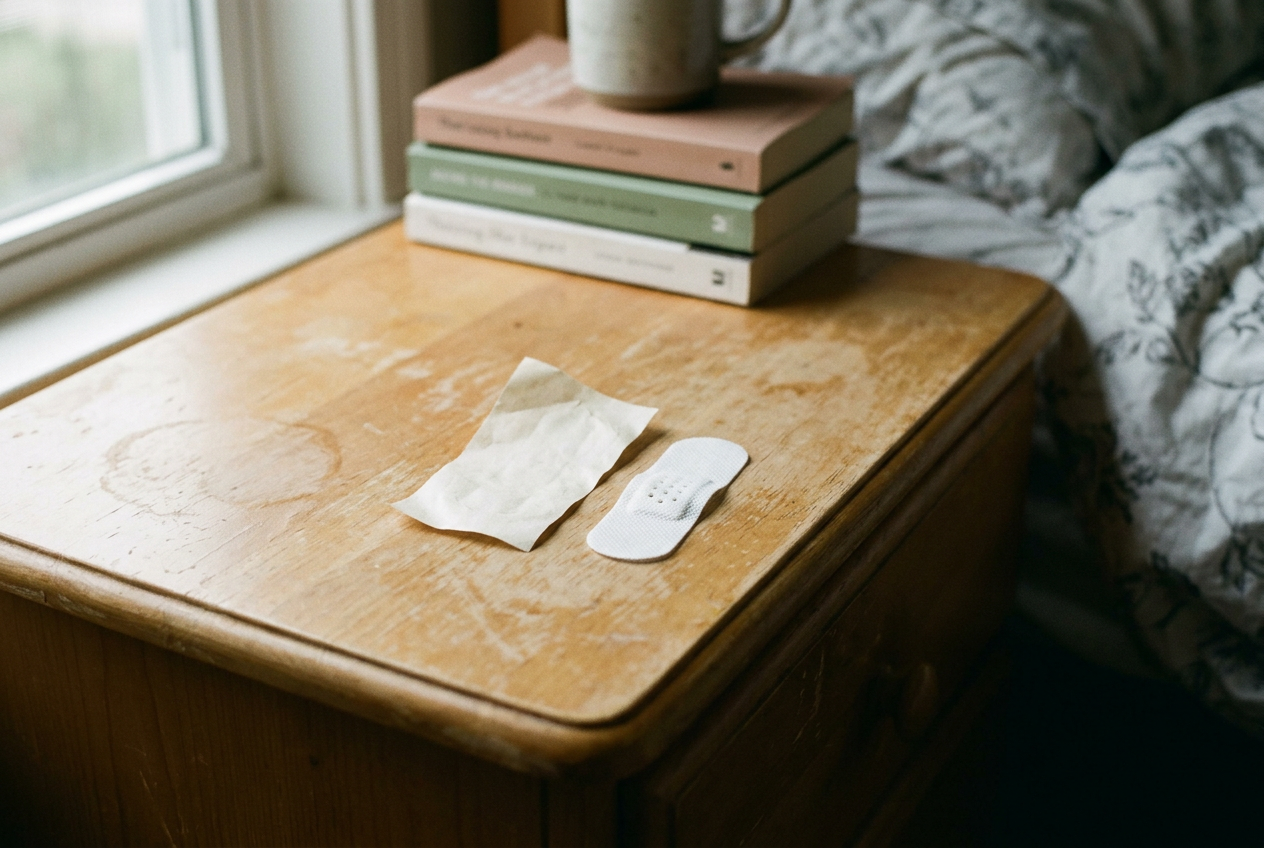 A white vented mouth strip resting beside its peel-off backing on a bedside table.