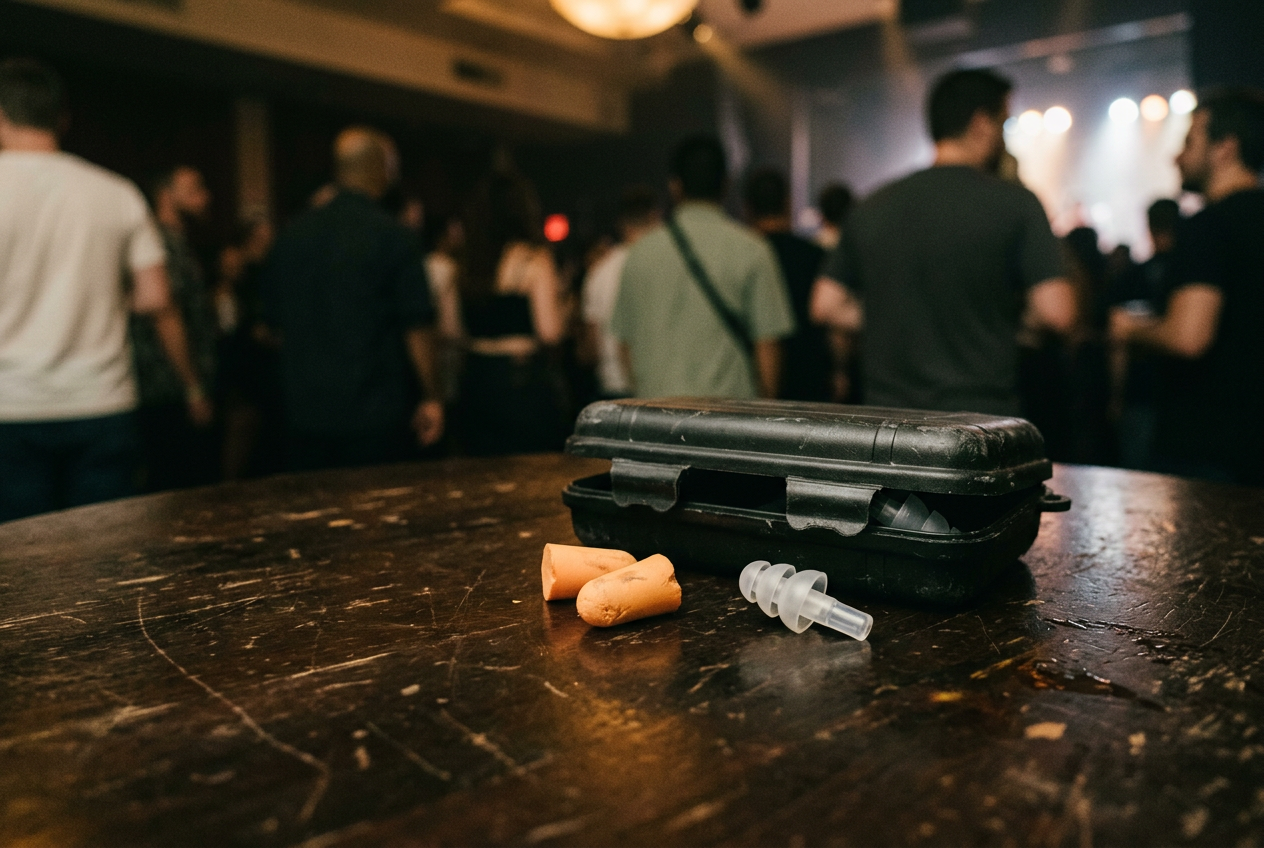 Clear triple-flange musician earplugs and two rolled foam plugs beside a scuffed black case on a club table.