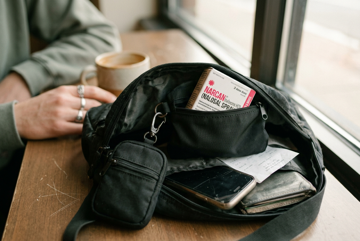 A sealed two-dose Narcan carton in a labeled black zip pouch clipped inside a crossbody bag.