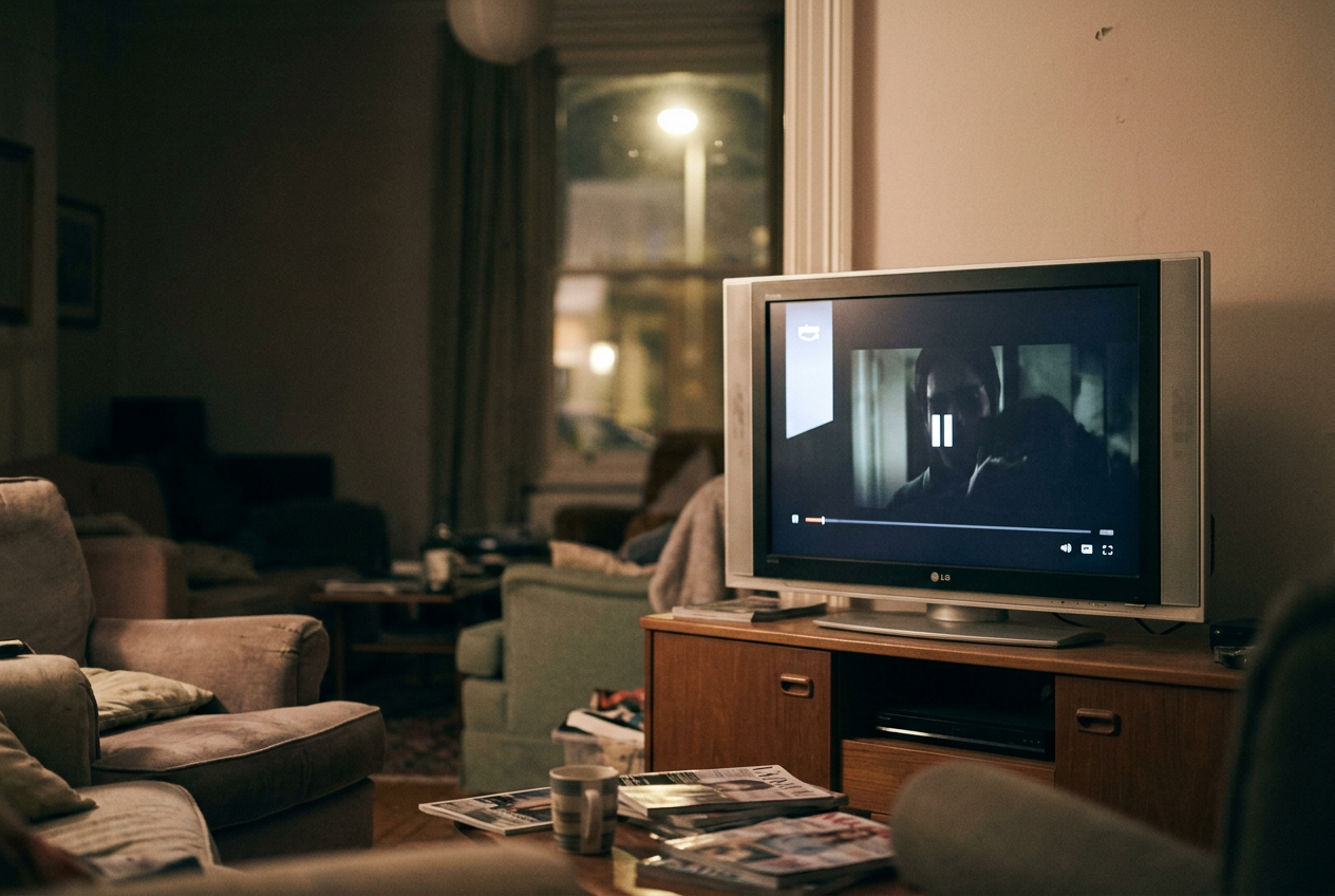 A television paused on Netflix with a branded ad panel sharing the screen with playback controls.