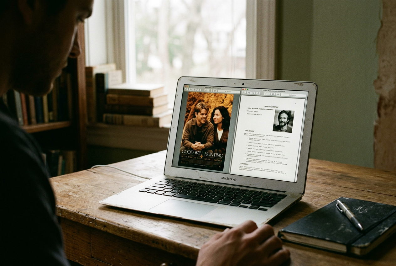 A laptop displaying two different Netflix artwork treatments for Good Will Hunting side by side.