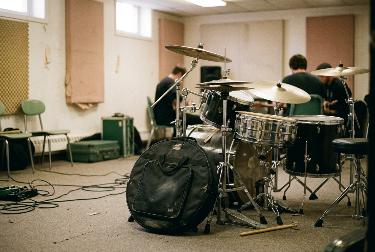 A black padded cymbal bag beside a shared drum kit and guitar amplifiers in a New Jersey rehearsal room.