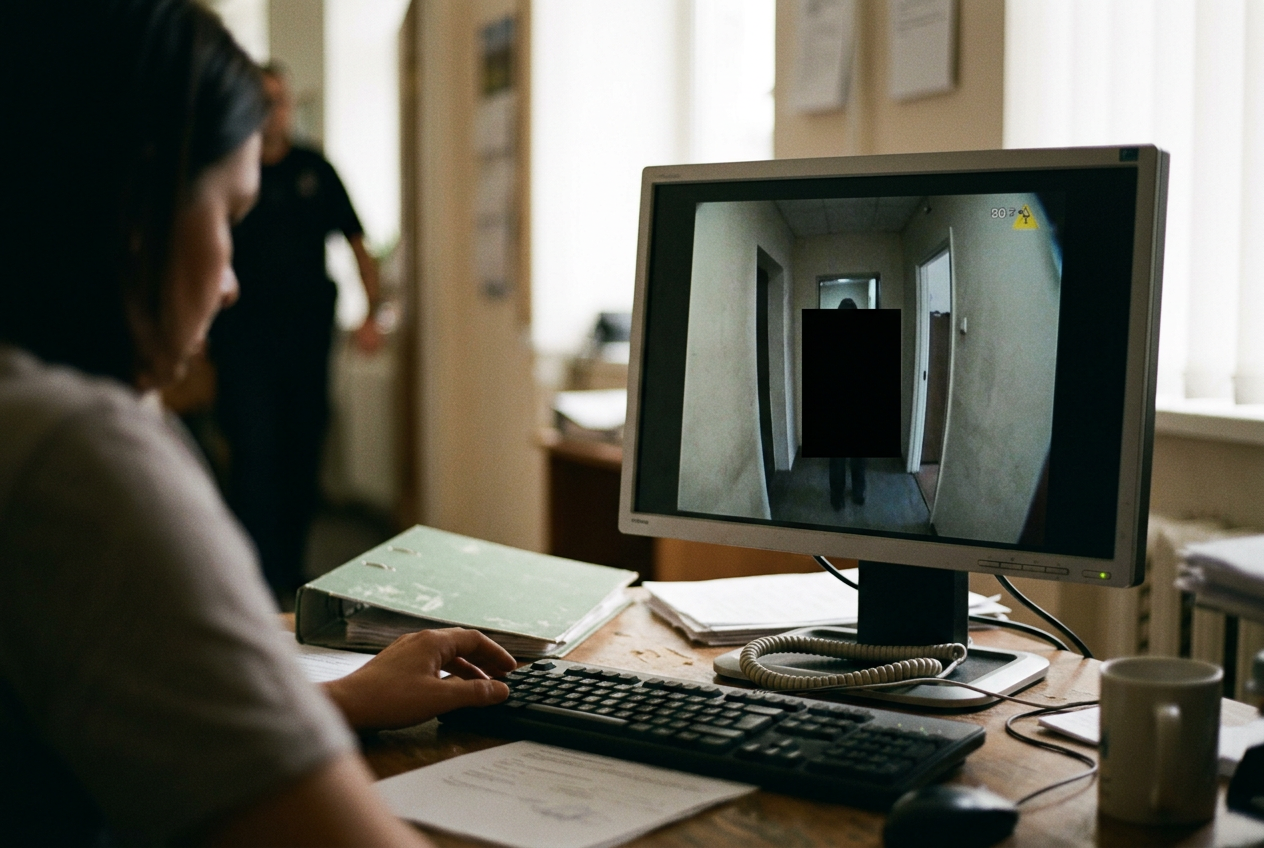 A body-camera video export open on a records-office monitor with a child’s face obscured by a redaction box.