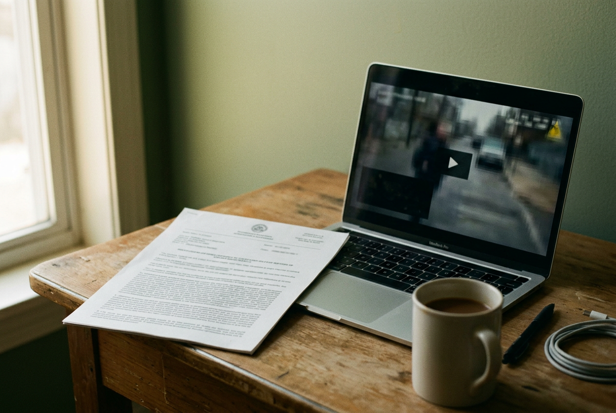 A New Jersey records request beside a laptop displaying a blurred police body-camera frame.