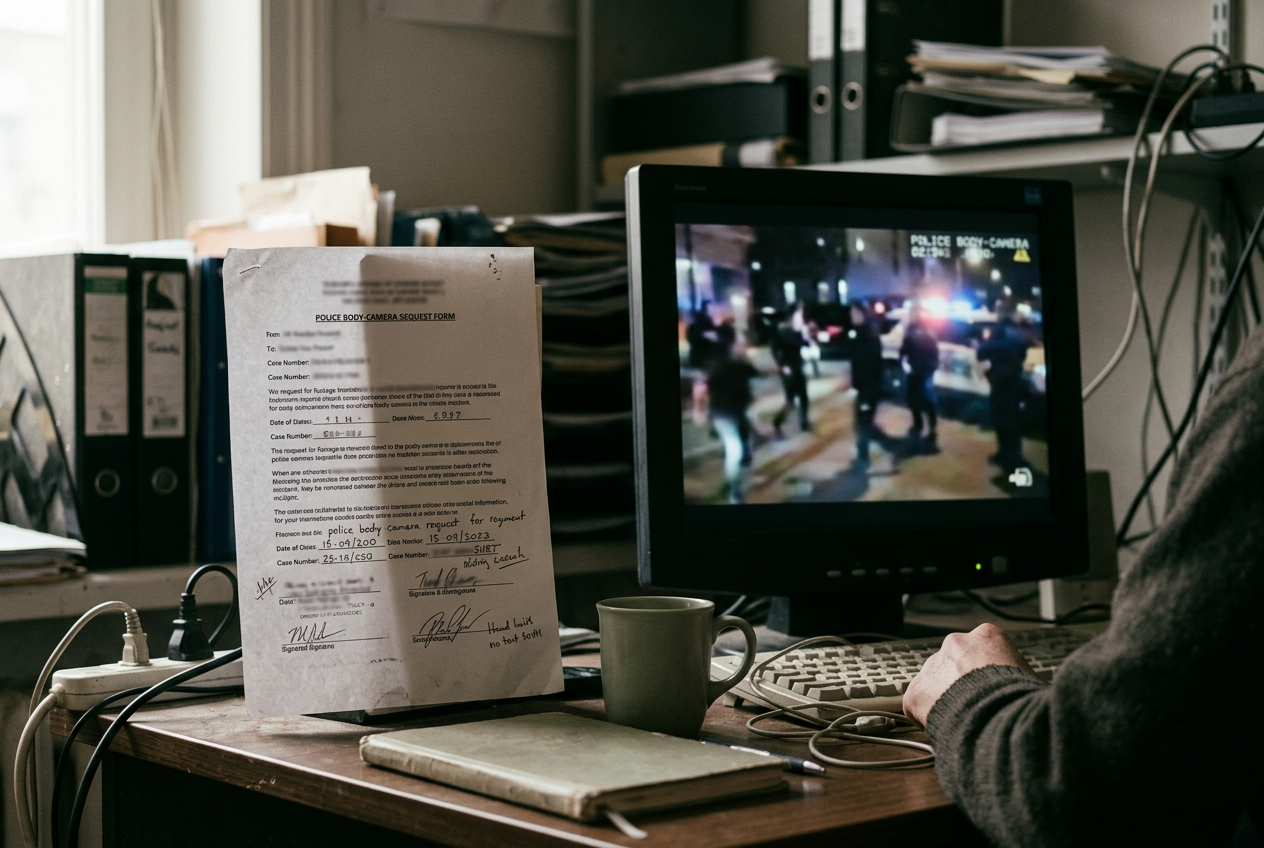 A body-camera request form beside a monitor showing blurred police footage and a written redaction estimate.