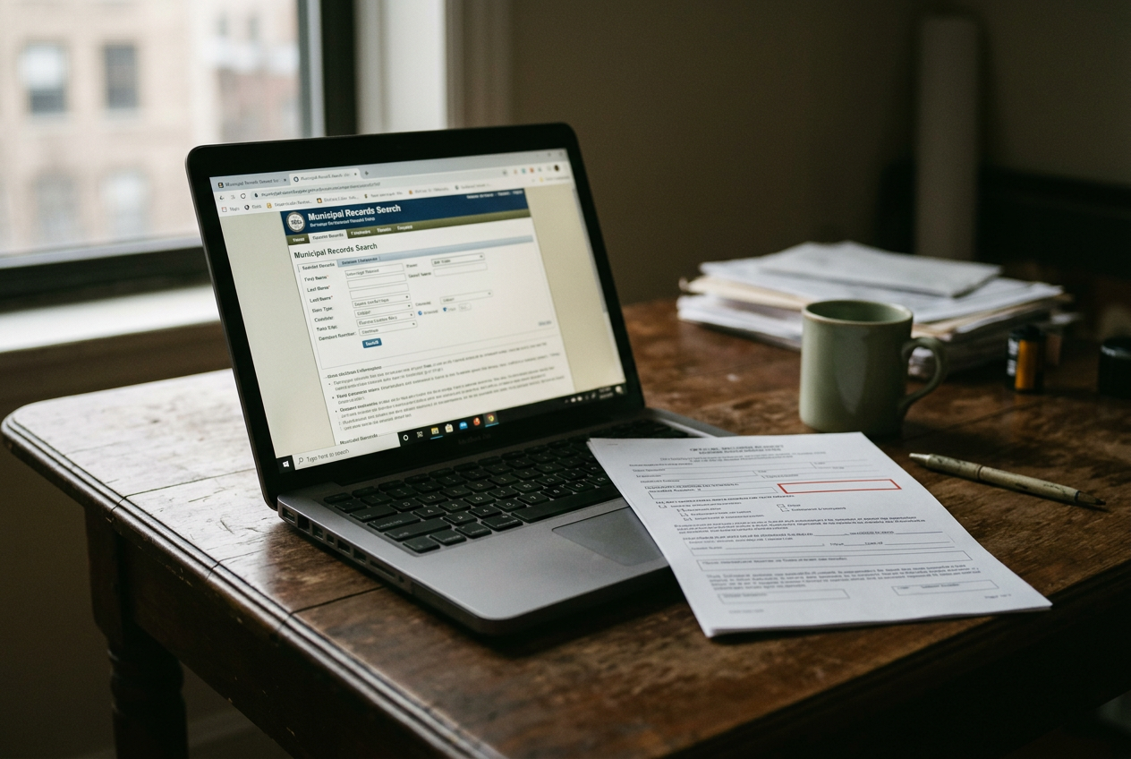 A laptop displaying a New Jersey police-records form beside a printed request with the incident-number field blank.