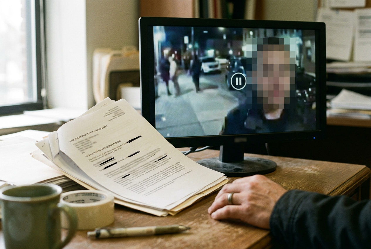 A body camera beside a monitor showing a video frame covered by a rectangular redaction mask.