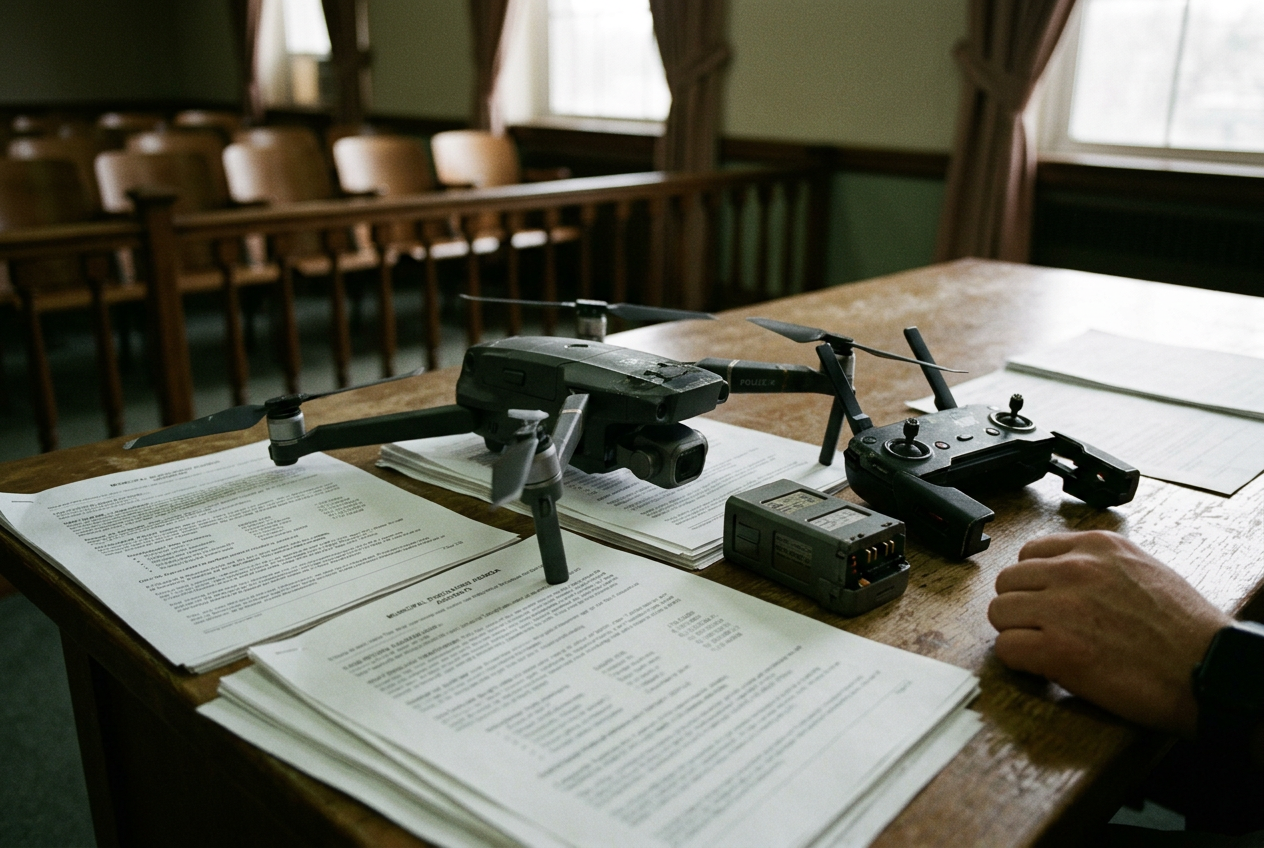 A police quadcopter, controller and spare batteries arranged beside a municipal purchase agenda on a meeting-room table.