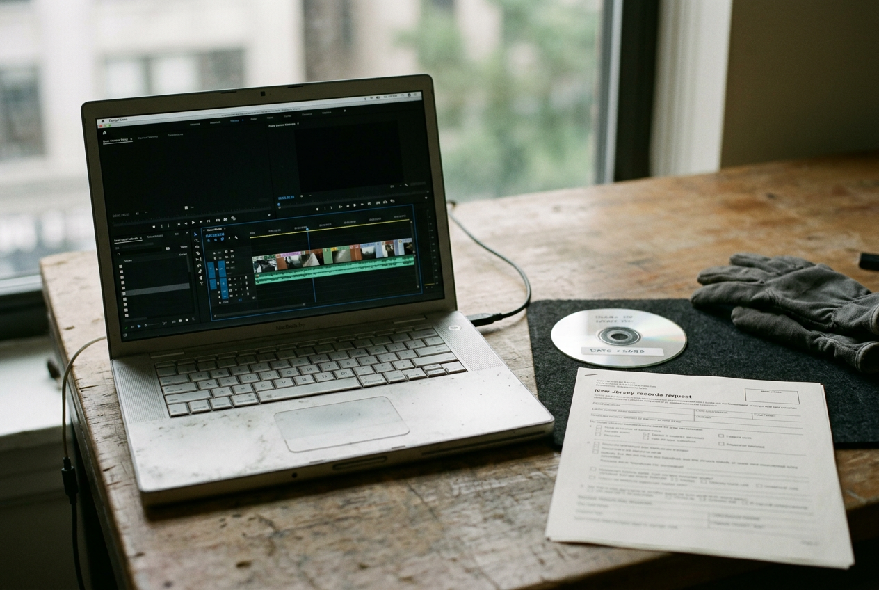 A laptop showing a muted body-camera video timeline beside an optical disc and a New Jersey records request.