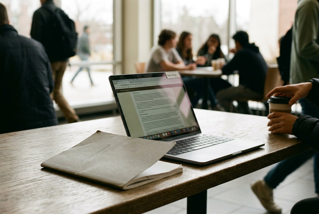 A student handbook beside a laptop displaying a New Jersey college protest policy page