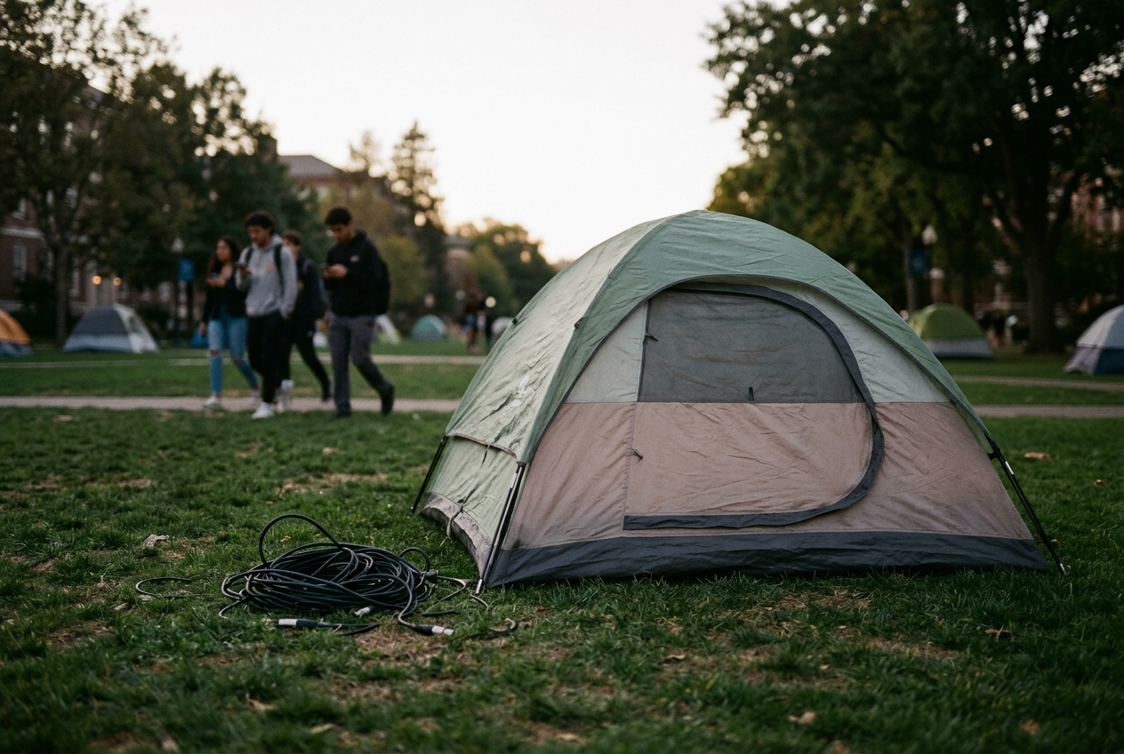 A small camping tent standing on a New Jersey campus lawn beside an empty lectern and coiled speaker cable.