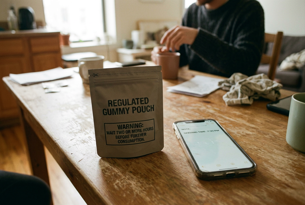 A New Jersey cannabis gummy pouch beside one gummy, a phone timer and the printed delayed-effects warning.