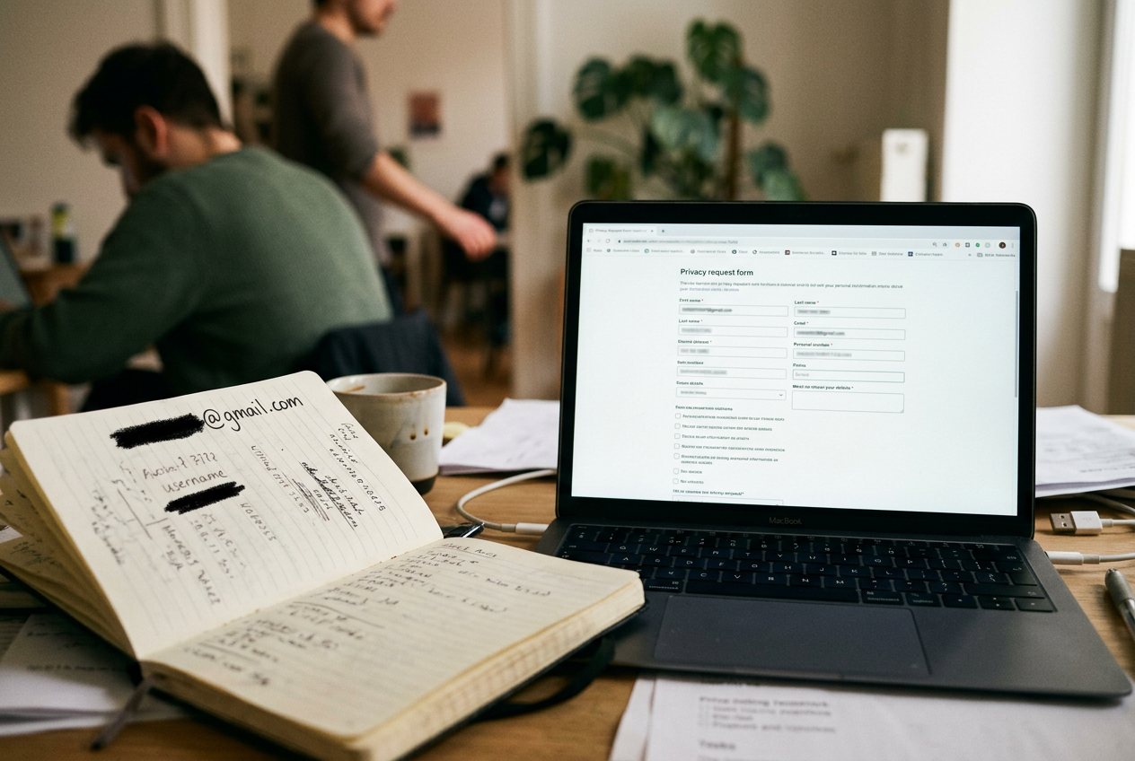 A laptop displaying a data privacy request form beside a notebook logging submissions and verification emails.