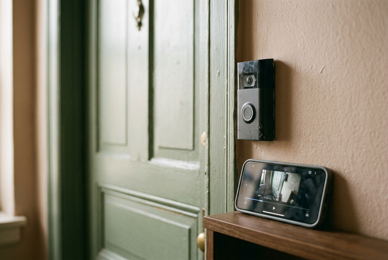A doorbell camera beside a front door while its mobile app displays an exported video clip.