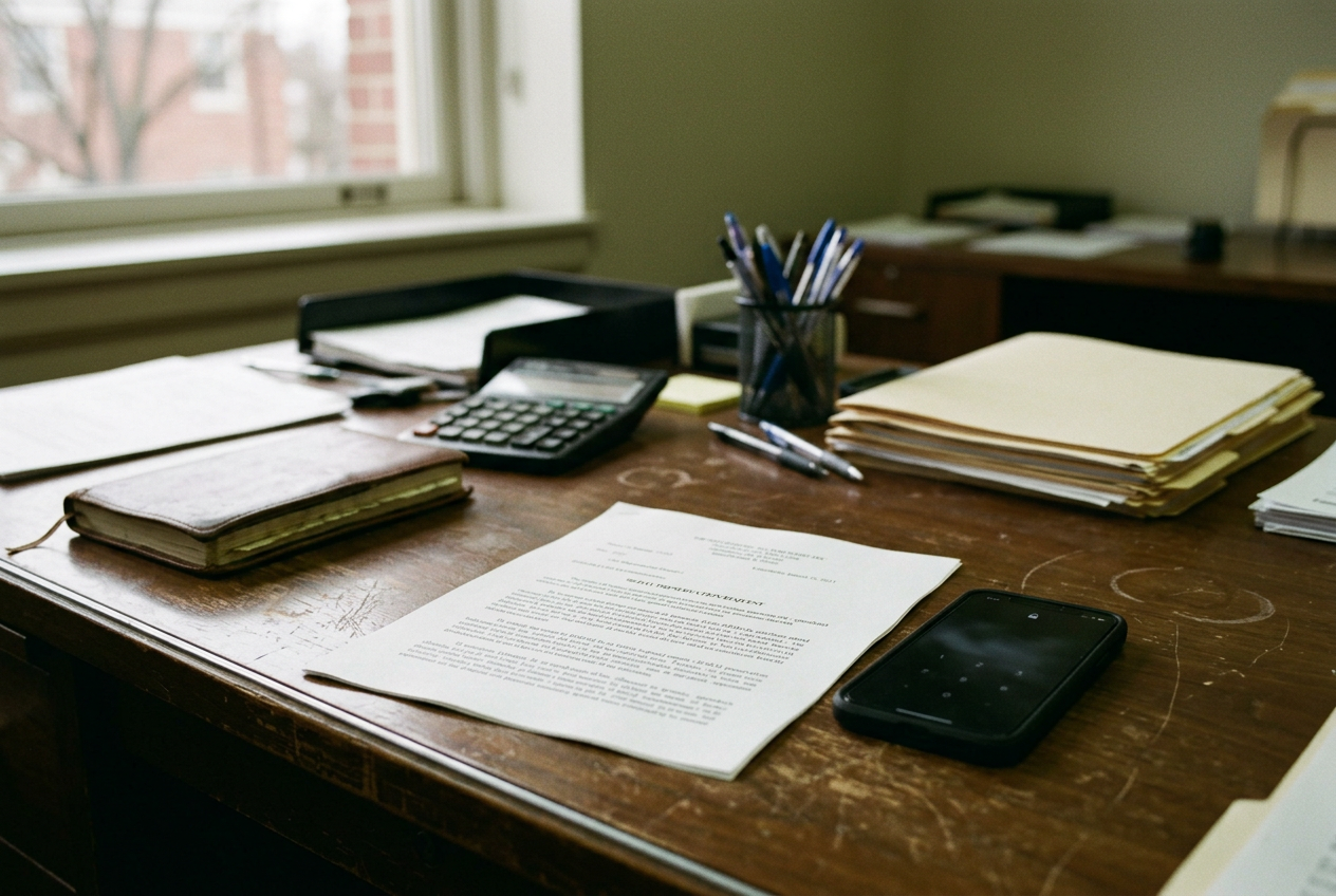 A printed preservation request beside a phone displaying a social-media login screen on a plain office desk.