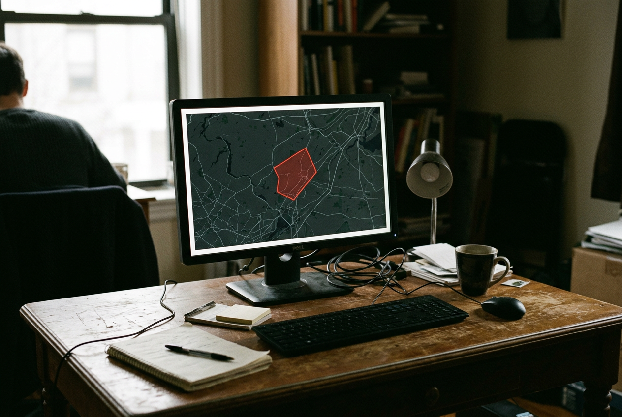 An investigator’s monitor displaying a polygon drawn around a New Jersey address on a location-data map.