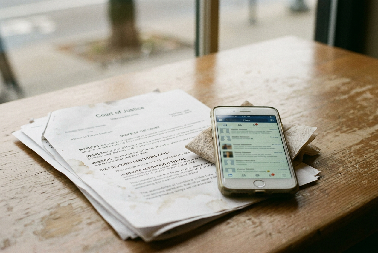 A phone displaying a social-media inbox beside printed warrant pages marked with 15-minute reporting intervals.
