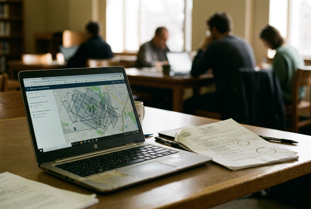 A police drone above a New Jersey municipal building as a public meeting agenda and laptop dashboard sit in the foreground.