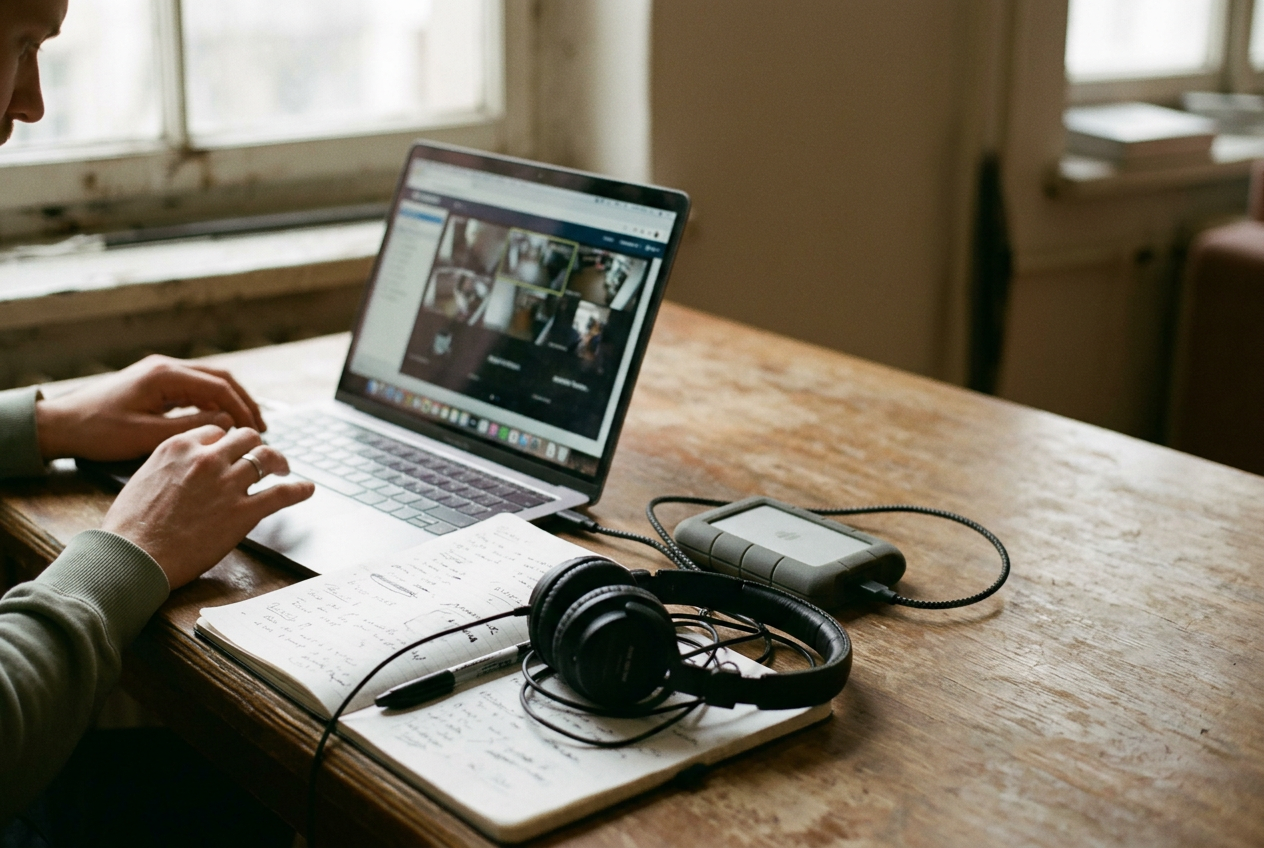 A laptop displaying a New Jersey police body-camera video player beside a notebook and external drive.