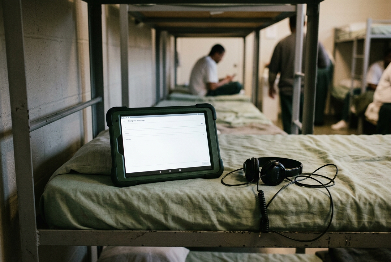 A locked correctional tablet displaying a blank message screen beside wired headphones on a steel bunk.