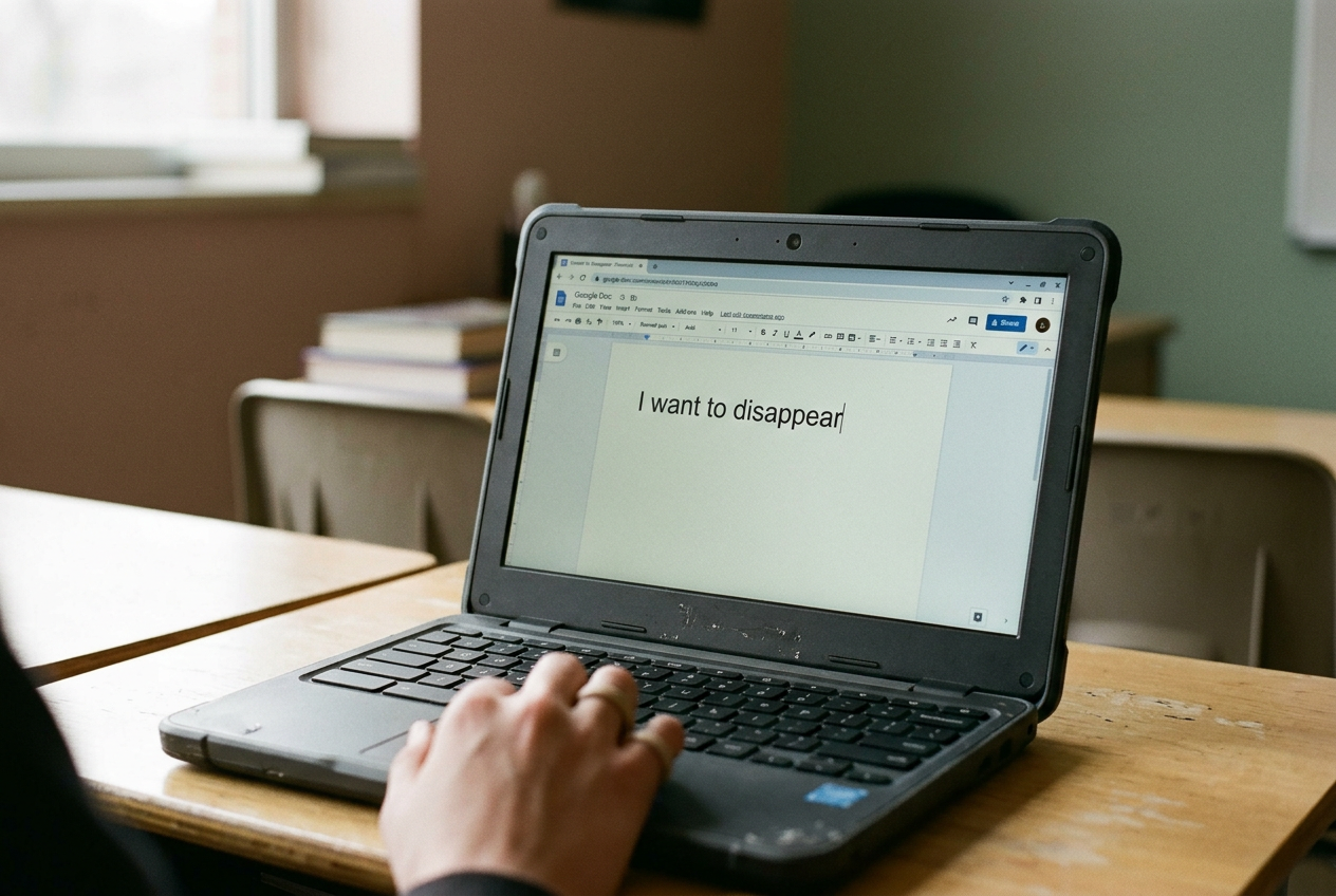 A student Chromebook displaying an unfinished Google Doc beside a printed district technology notice.