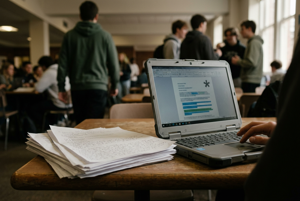 A student essay beside a laptop displaying a Turnitin report with highlighted passages and an asterisk.