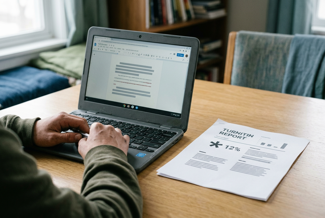 A student Chromebook displaying a document beside a Turnitin report marked with an asterisk.