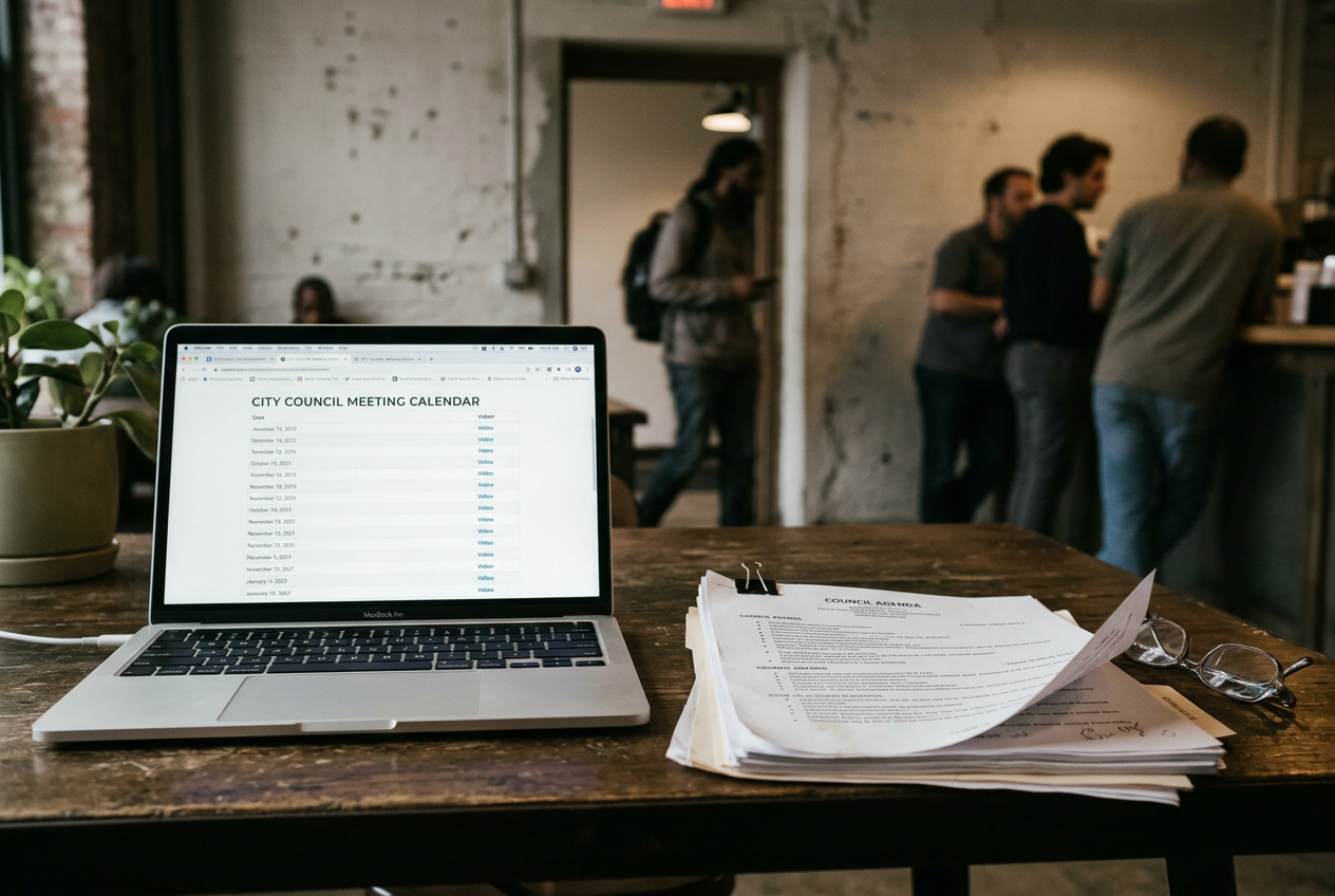 A laptop displays a municipal meeting calendar beside an agenda PDF and archived video player.