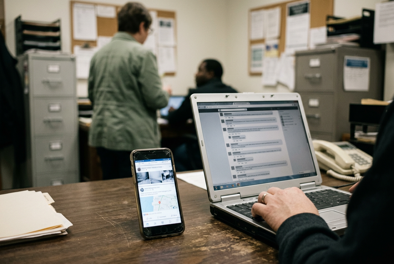 A phone displaying a municipal Facebook post beside a laptop showing an archived version of its deleted comments.