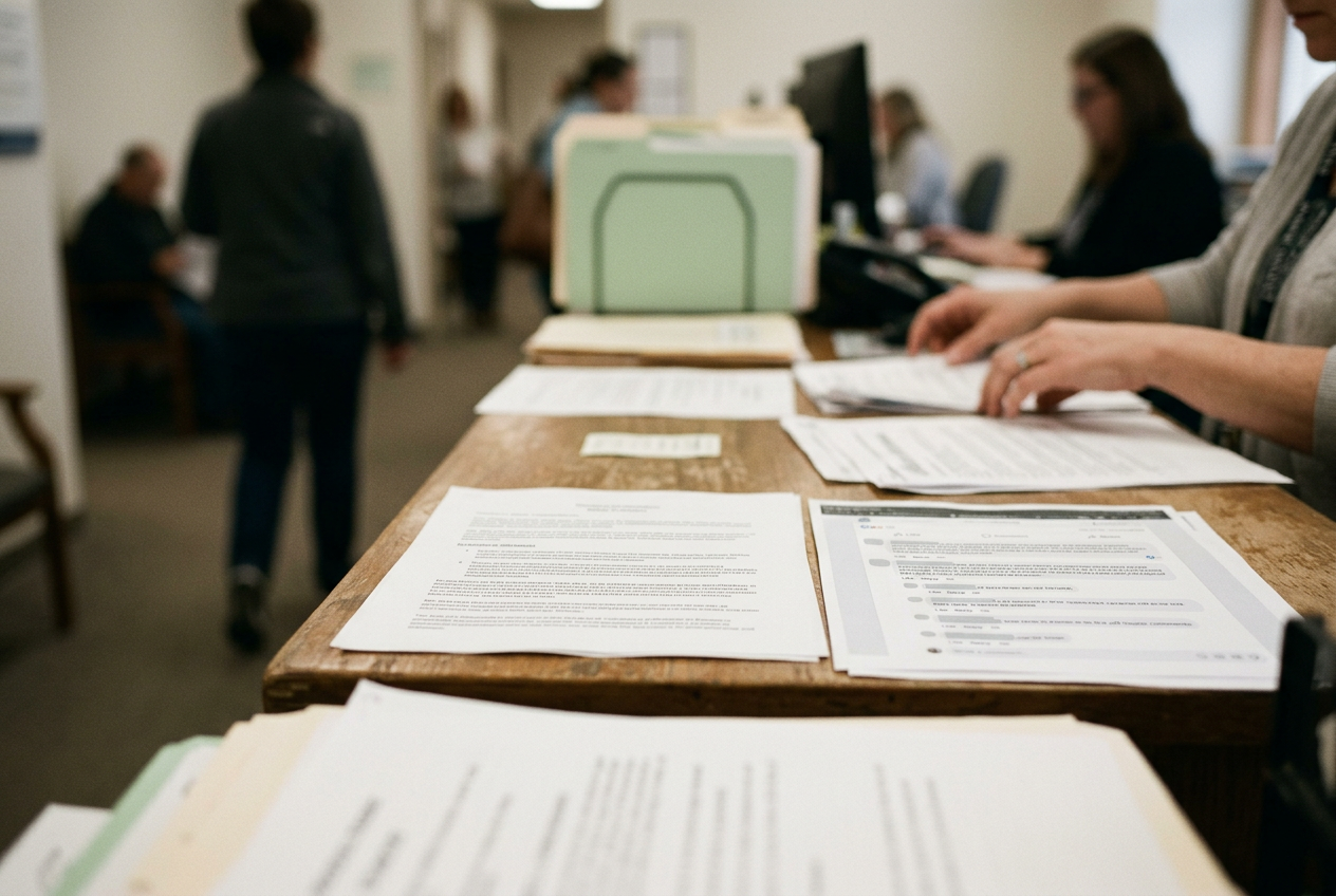 A municipal Facebook page open on a desk computer beside a printed social-media comment policy.