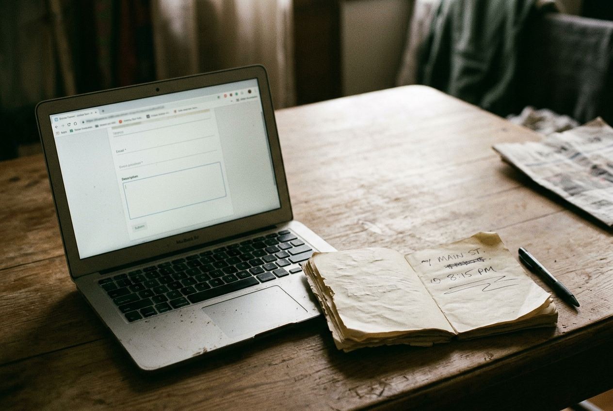 A laptop displaying a New Jersey public-records request form beside handwritten incident notes.