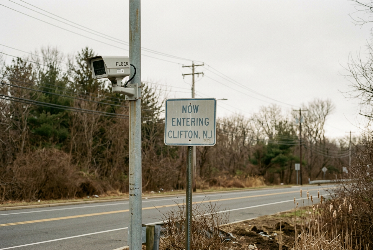 A pole-mounted Flock license-plate camera beside a New Jersey municipal boundary sign.