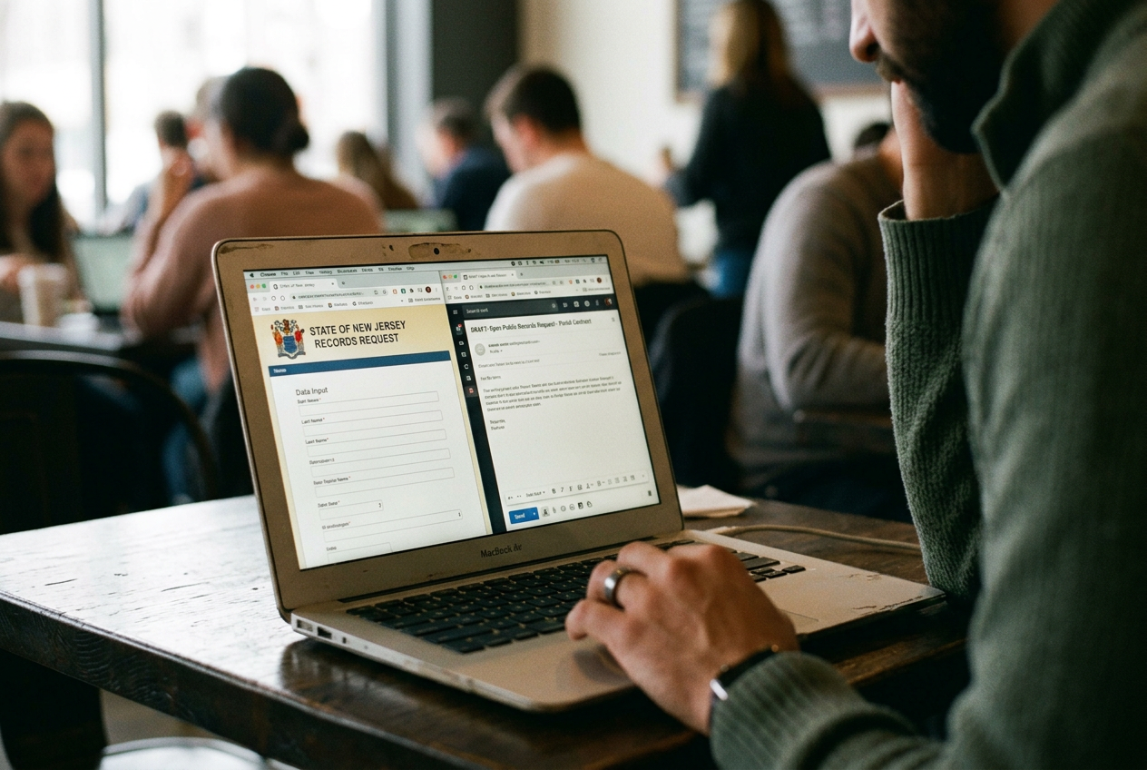 Laptop showing a New Jersey public-records portal beside an email draft requesting the portal vendor contract.