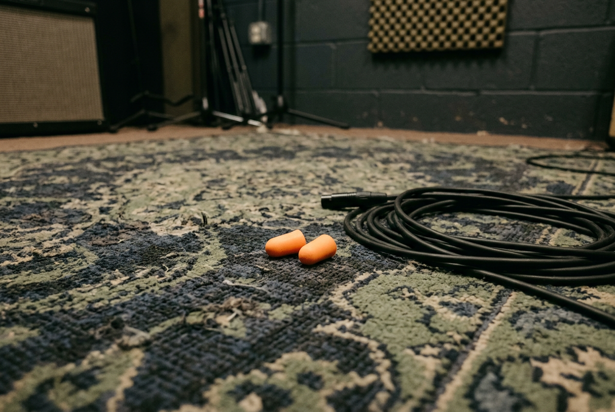 Orange foam earplugs beside a microphone cable on the carpeted floor of a New Jersey rehearsal studio.