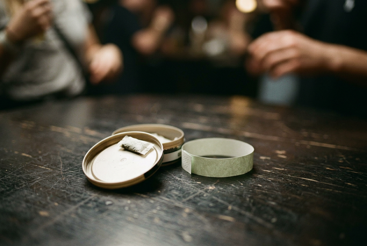 An open ZYN can beside a club wristband, with one white nicotine pouch resting in the disposal lid.