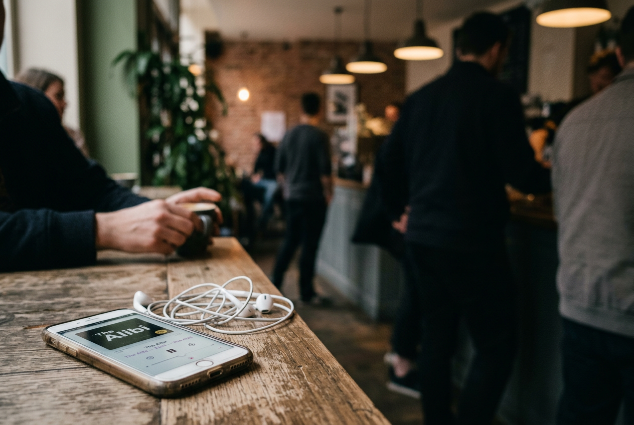White wired earbuds beside a phone displaying the first episode of Serial and its playback timeline.